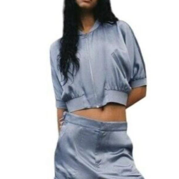 Zara light blue retro satin viscose crop bomber jacket NWT - Picture 10 of 10